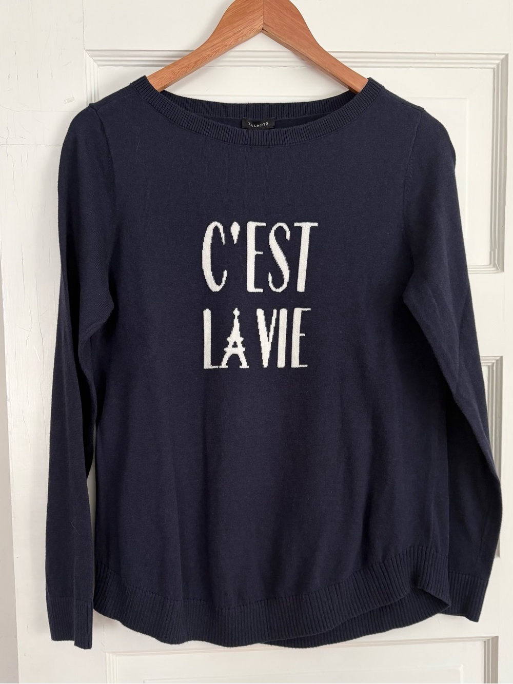 C’est La Vie Lightweight Sweater Med Navy Blue Eiffel Tower Talbots Soft French